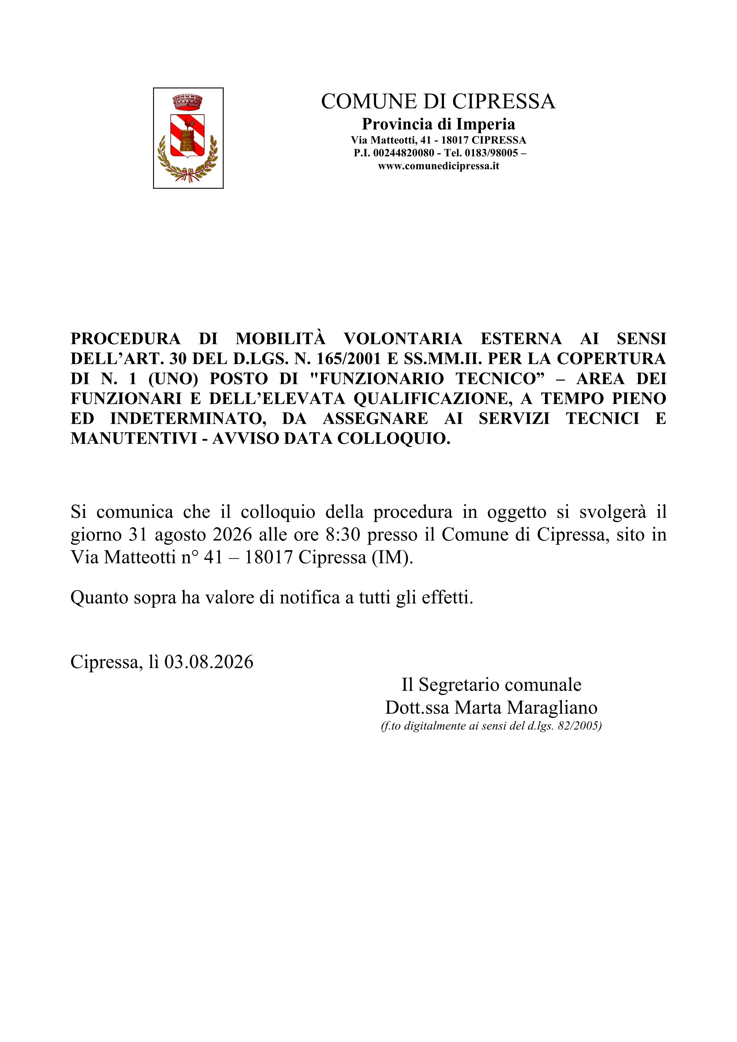 Avviso data colloquio mobilità volontaria Funzionario tecnico